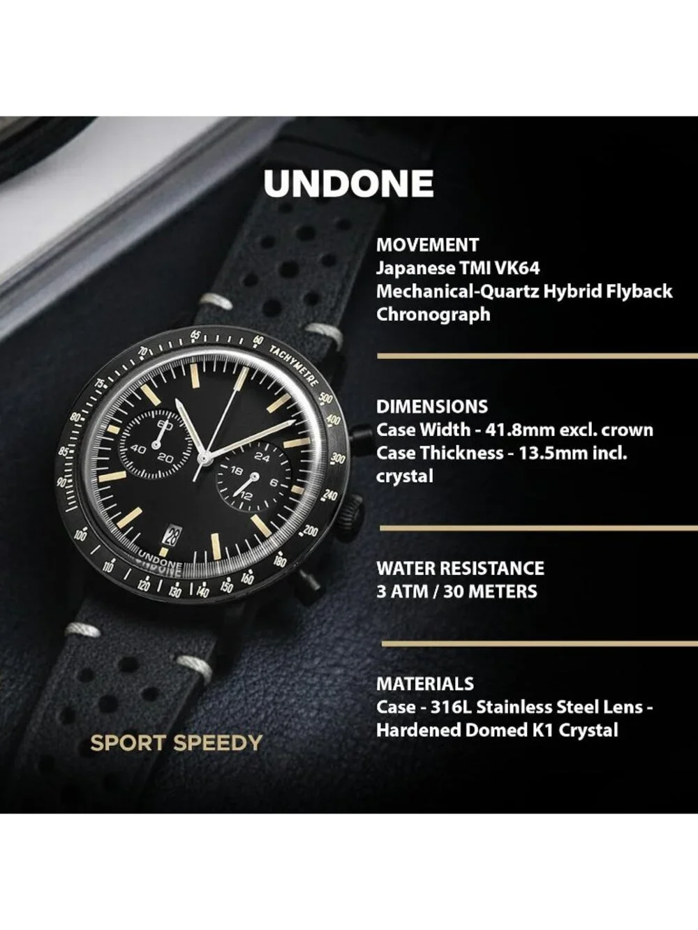 Undone Urban Collection Chronograph Mens Black Dial Black Racing Leather Strap A